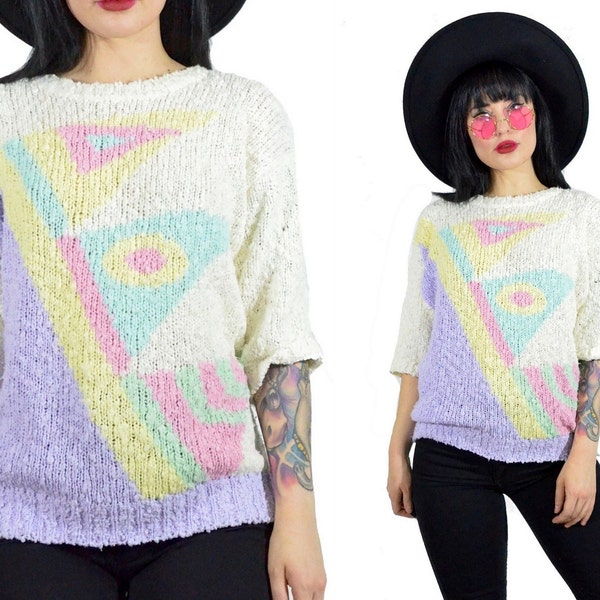 vintage 70s pastel sweater chunky open knit sweatshirt 80s sweater top slouchy knit small