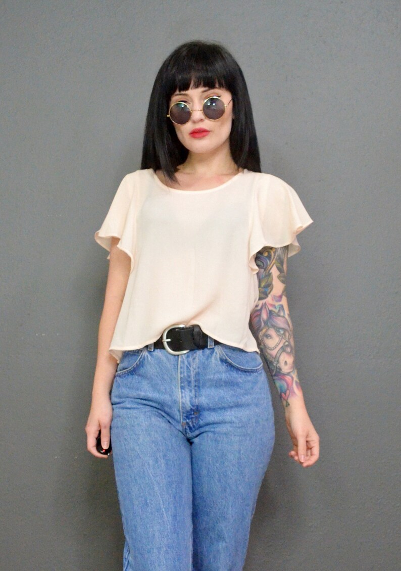vintage 80s paper thin blouse ruffled cap sleeve dainty romantic top shirt small