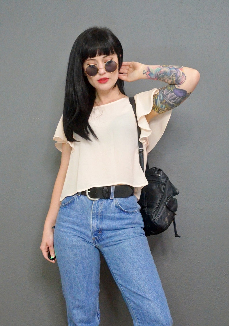 vintage 80s paper thin blouse ruffled cap sleeve dainty romantic top shirt small