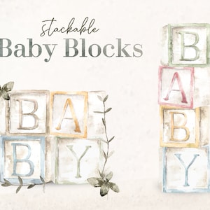 Pode incluir: Ilustração em aquarela de blocos de bebê empilháveis ​​com a palavra "BABY". Os blocos são pintados em cores pastel suaves com detalhes botânicos. O texto "stackable Baby Blocks" está no topo.