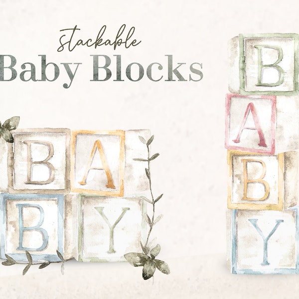 Baby ABC Blocks Watercolor Clipart - Gender Neutral Themed Baby Shower Invitation - Baby Boy - Baby girl - Baby's First Year Scrapbooking