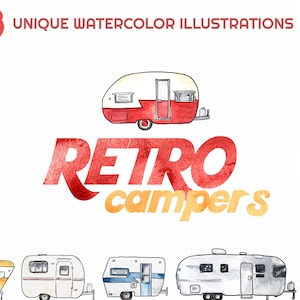 Vintage Retro Camper Watercolor Illustration Clipart Digital Download Pack