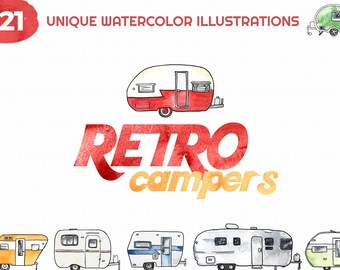 May include: 21 unique watercolor illustrations of retro campers. The campers are in various colors, including red, white, yellow, green, and blue. The text "RETRO campers" is written in a watercolor font.