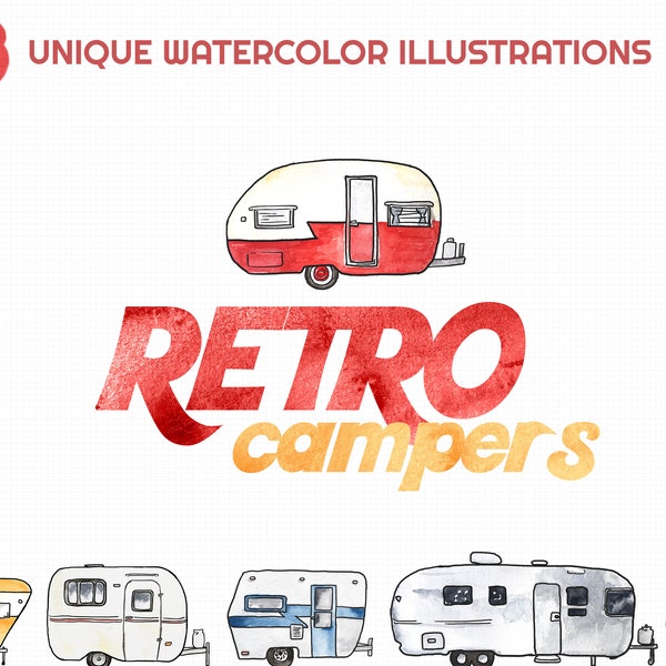 Vintage Retro Camper Watercolor Illustration Clipart Digital Download Pack