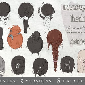May include: Illustration of various hairstyles in different colors. The image includes 12 styles, 3 versions, and 8 hair colors. Text in the image reads "messy hair don't care".