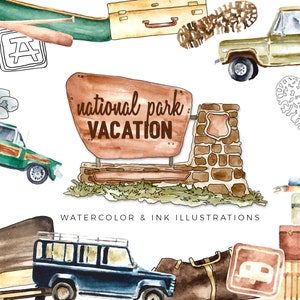 National Park Vacation Clipart Set - Signs - Vintage Camping and Road Trip Gear - Themed shower invitations - Travel scrapbooking