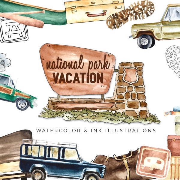 National Park Vacation Clipart Set - Borden - Vintage Camping en Road Trip Gear - Themadoucheuitnodigingen - Reizen scrapbooking