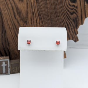 Vintage Square Cut Sterling Silver Ruby Solitaire Earrings