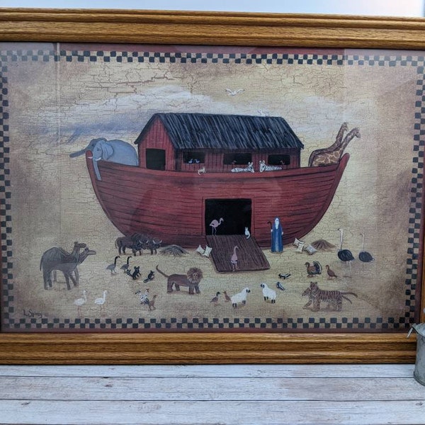 Noah's Ark Folk Art Style Wood Framed Print by Linda Spivey, Farmhouse Decor Noah's Ark Wall Hanging