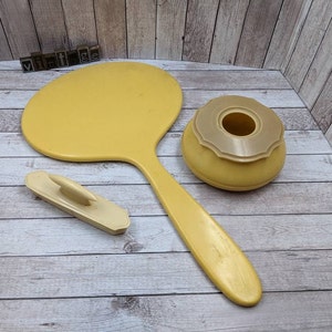 Antique DuPont Celluloid Dresser Set: Pyralin Mirror, Hair Receiver, Nail Buffer