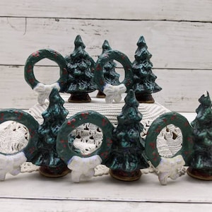 Vintage Hand-Painted Set of 6 Ceramic Christmas Tree and Wreath Napkin Holders