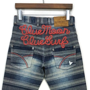 Blue Moon Blue Jeans Size 26 fit W31 L28 Japanese Workwear Slim Stripe Hickory Embroidered Surf Ankle Denim