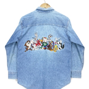 Vintage Looney Tunes Shirt Size XS 90s Distressed Denim Shirt Cartoons Characters Embroidery Button Down