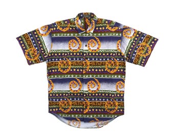 Camisa vintage Intermezzo de los años 90, estilo aloha, tribal, azteca, estilo suroeste, con estampado completo y botones, talla M