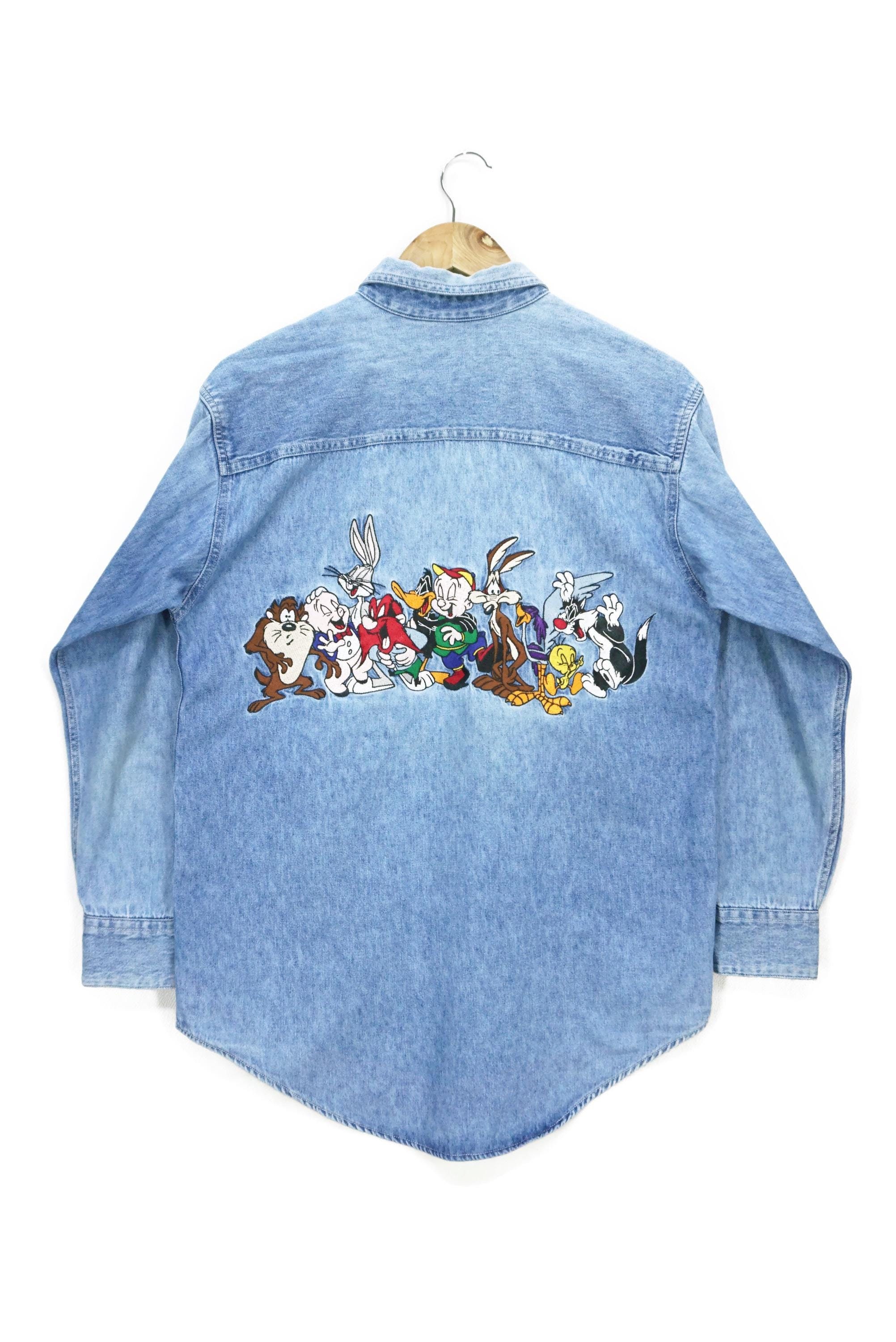 Vintage Looney Tunes Denim Shirt: 90s Cartoon Embroidery, Size XS
