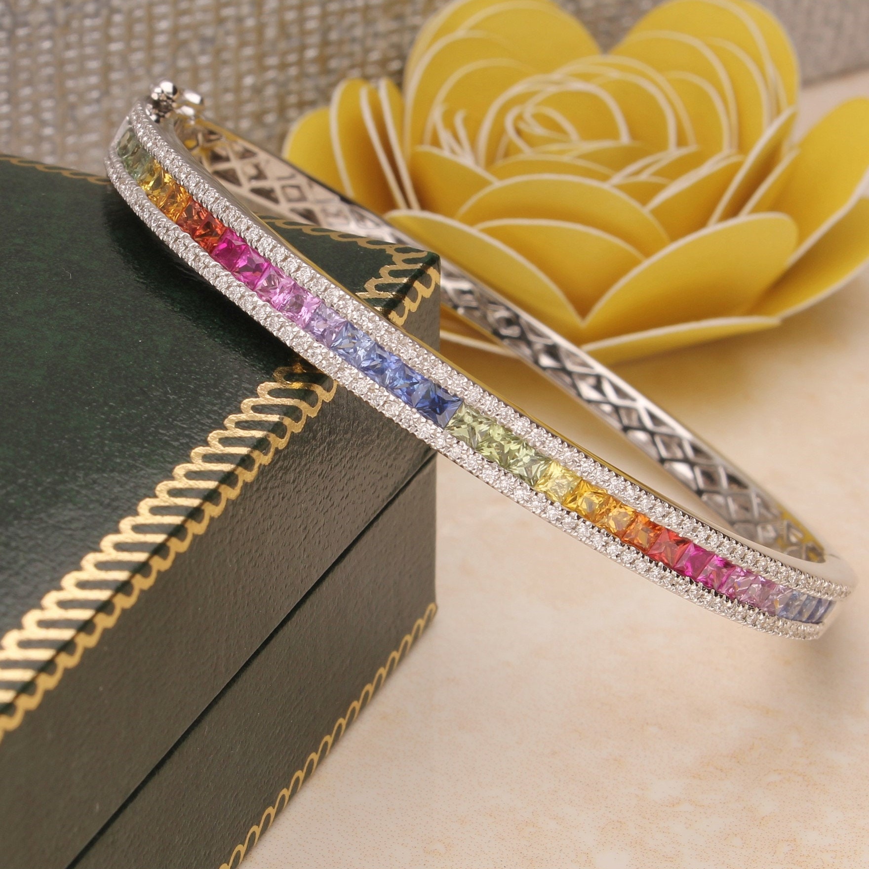 Rainbow sapphire baguette diamond tennis bracelet gold Natural wide multi  sapphire tennis bracelet. at Rs 204973.51 | हीरे के कंगन in Surat | ID:  2851873967573