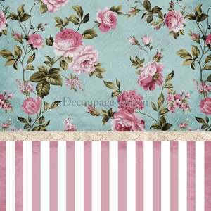 May include: A vintage-style floral pattern with pink roses and green leaves on a light blue background. The pattern is repeated throughout the image. The bottom of the image features a pink and white striped pattern.
