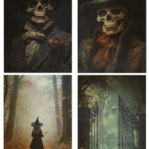 May include: A set of four wall art prints featuring two portraits of skeletons in top hats and formal attire, a person in a black dress and witch hat walking on a leaf-covered forest path, and an ornate black metal gate in a misty garden.
