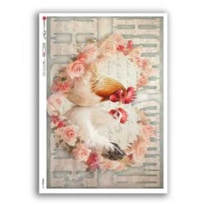 May include: A decorative paper sheet featuring two watercolor chickens, one white and one brown, surrounded by a wreath of pink roses. The background has a faded, vintage aesthetic with script and key designs.
