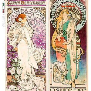Puede incluir: Dos carteles de estilo Art Nouveau con Sarah Bernhardt. El cartel de la izquierda, "La Dame aux Camélias", muestra a una mujer con un vestido blanco con un adorno floral. El cartel de la derecha, "La Samaritaine", representa a una mujer con cabello largo y una gran jarra.