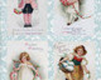 May include: Four vintage postcards featuring illustrations of children in various outfits. The children are depicted in a variety of poses, with some holding baskets or wearing hats. The color palette includes pink, white, and black.