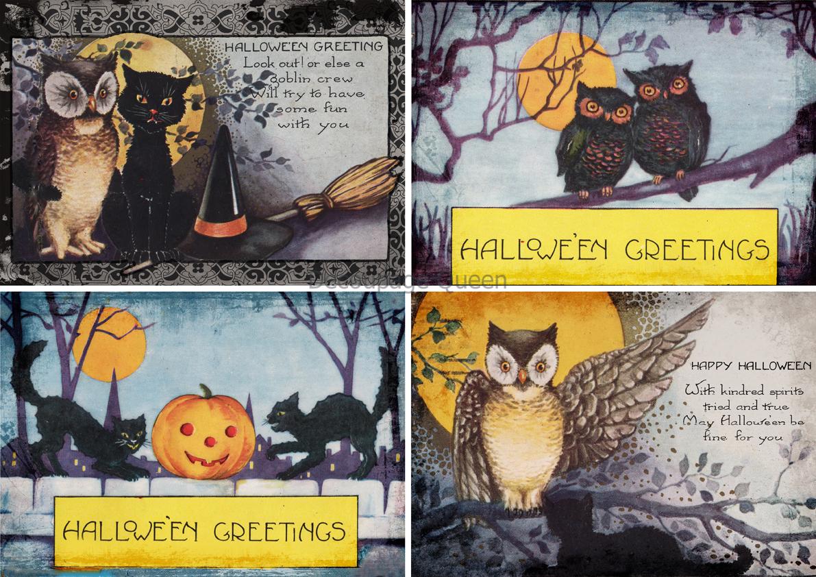 Decoupage Queen Cats and Owls Halloween 4 Pack A3 Decoupage Paper, Halloween, Vintage, Post Cards, S