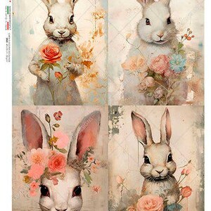 Paper Designs Papier de découpage A3 Quatre lapins floraux, Pâques, papier de riz, vintage