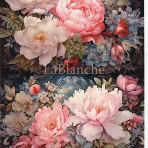Papier de découpage A4 La Blanche Fantasy Blooms, vintage, floral, tableau galerie, techniques mixtes