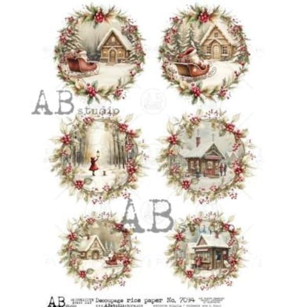 AB Studios Winter Village Scenes A4 (11.7 x 8.3) Decoupage Paper, Christmas, Vintage, Mixed Media, Ornaments, Farmhouse