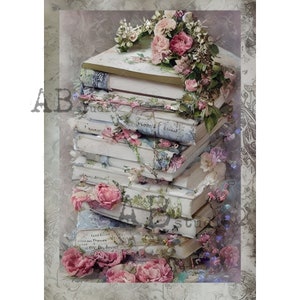 AB Studios Shabby Chic Stack of Books A4 Papier de découpage, vintage, papier de riz, floral