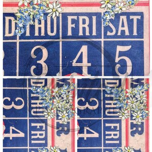 May include: A vintage-style calendar page for March 1932 featuring a grid with the days Thursday, Friday, and Saturday. The design includes large blue squares with white numbers 3, 4, and 5, accented by illustrations of white and blue flowers.