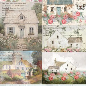 May include: A collage featuring watercolor illustrations of quaint houses, blooming roses, and butterflies. The houses have blue doors and shutters, surrounded by lush gardens. The text includes "VIEK'S PRICED CATALOGUE SEEDS BULBS PLANTS".