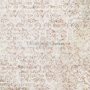 May include: A vintage-style background with a delicate floral pattern in shades of pink and white. The background is overlaid with faded text, including the words "Découpage Queen".