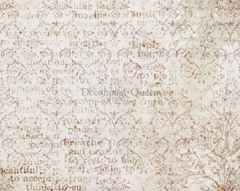 May include: A vintage-style background with a delicate floral pattern in shades of pink and white. The background is overlaid with faded text, including the words "Découpage Queen".