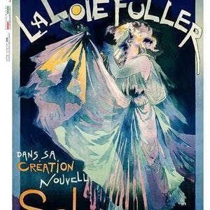 May include: A vintage poster advertising a performance of Salome at the Comédie Parisienne, featuring Loie Fuller. The artwork depicts a woman in flowing attire, with text in French. The colour palette includes blues, greens, and yellows.