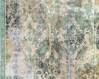 May include: Distressed vintage-style paper with a damask pattern in teal and beige. The design includes faded numbers and text, with the words "Decoupage Queen" visible. A teal border frames the edges.