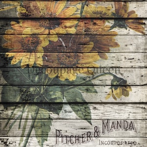 May include: A vintage woodgrain background with a faded image of yellow sunflowers and green leaves. The text "PITCHER & MANDA INCORPORATED. SHORT HILLS, NEW JERSEY USA." is printed on the wood.