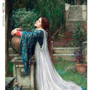 May include: A painting of a woman in a white dress and blue patterned shawl, leaning against a stone structure. The artwork is set in a garden with stairs and greenery. The woman has long red hair and is looking upwards.