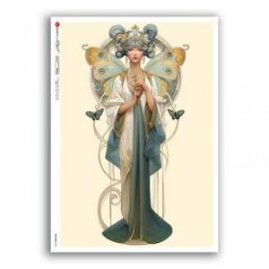 May include: Art Nouveau style print featuring a woman with butterfly wings and a decorative headdress. The woman is wearing a long, flowing gown in shades of white, blue, and green. Two butterflies flank her, and a circular design is behind her.