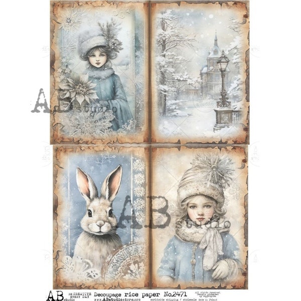 AB Studios Winter Girl and Rabbit A4 Decoupage Paper, Rice Paper, Vintage, Easter, Tags