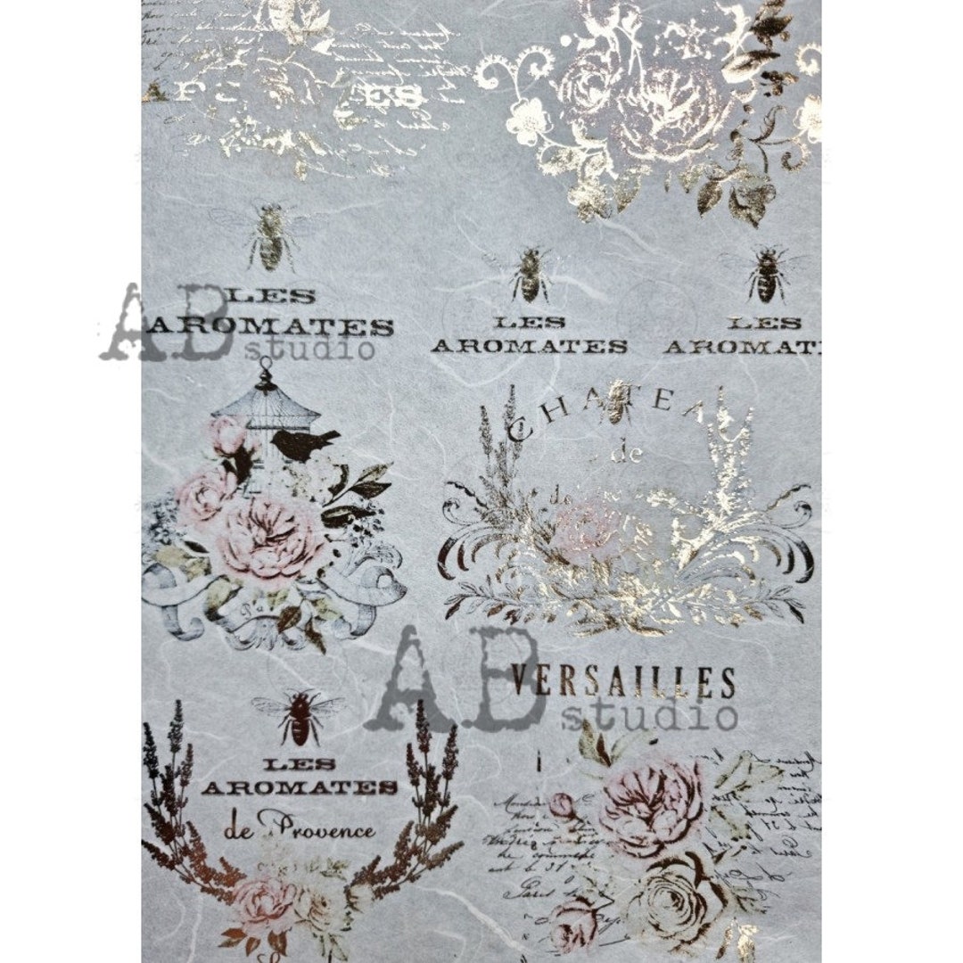 AB Studios Pink Rose French Labels A4 Decoupage Paper, Rice Paper, Gilded Gold, French Country