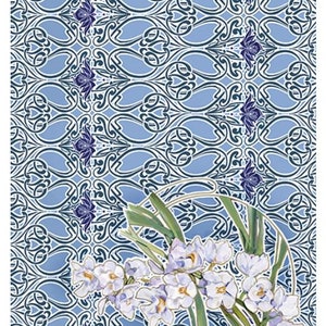 May include: A decorative paper sheet featuring a light blue background with a repeating pattern of stylized floral and geometric shapes. Dark blue butterflies are interspersed throughout the design. A watercolor illustration of white flowers with green stems is in the foreground.