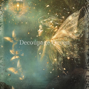 May include: A fairy with golden wings and long flowing hair is depicted in a dreamy, ethereal setting. The fairy is surrounded by a soft, green glow and delicate butterflies. The image evokes a sense of magic and wonder.