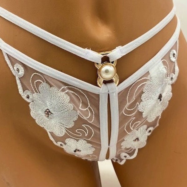 Sultry White Thong: Gold Crystals, Elegant Gold & Pearl Accents, Alluring Sheerness for a Sexy and Chic Look! #sexy #thong #takeme