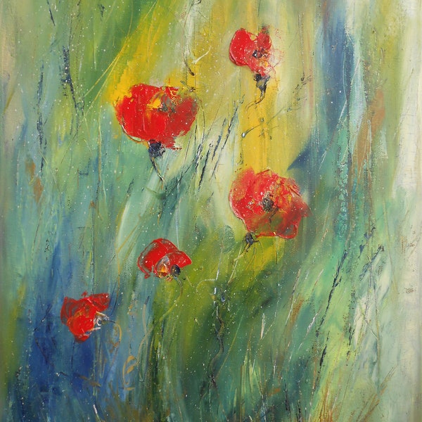 Tableau Coquelicots à la peinture à huile au couteau sur toile