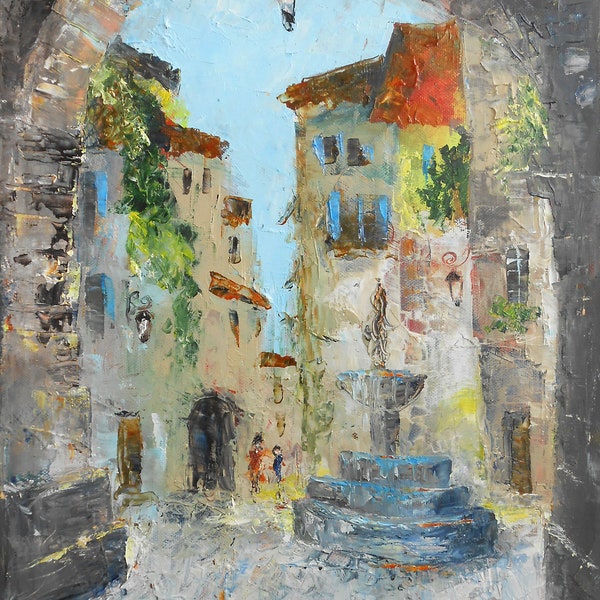 Tableau Place de la Fontaine à la peinture à huile au couteau sur toile