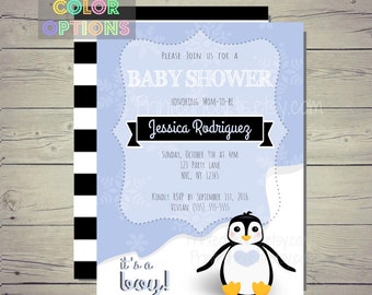 Invitation à la baby shower Winter Penguin. Se dandiner? Fille / Garçon. Noir et blanc. Snowflake Invite. Invitation imprimable / imprimée. Rose /Bleu