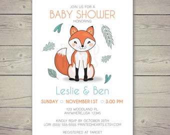Fox Baby Shower Invitation- Woodland Baby Shower Invite- Automne Fox Invitations , Autumn Fox Invitation, Baby Fox , Printed Hearts