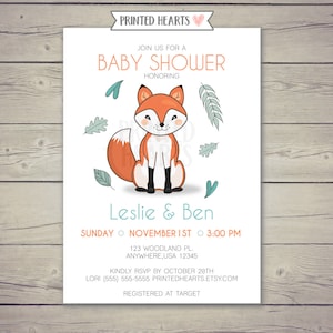 Fox Baby Shower Invitation- Woodland Baby Shower Invite- Fall Fox Invitations , Autumn Fox Invitation, Baby Fox , Printed Hearts
