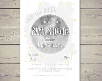Over The Moon Baby Shower Invitation - Moon and Stars Baby Shower Invitation, Gender Neutral Baby Shower - White and Gray Invites